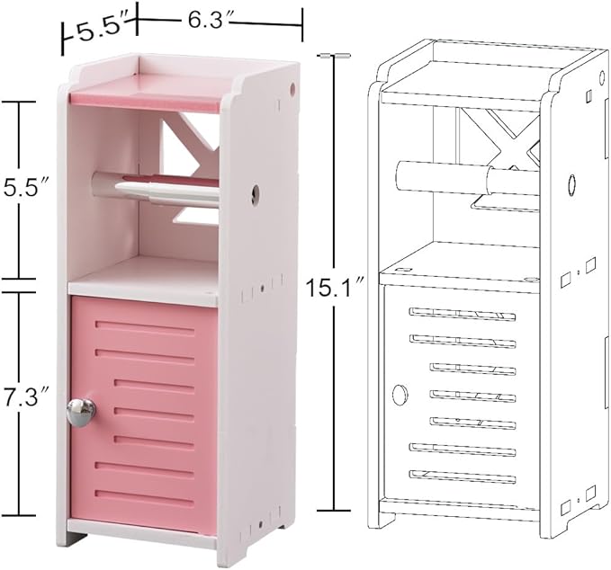 AOJEZOR Toilet Paper Holder Stand: PVC Freestanding Cabinet Storage for Small Bathroom Spaces for Homes and Renters-Jelly Pink