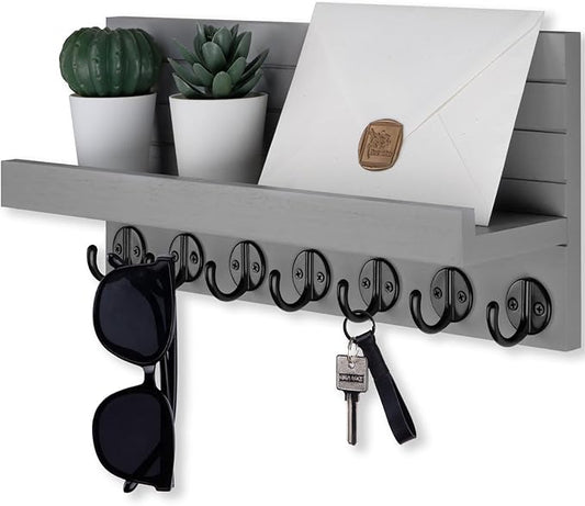 Key Holder Wall Mount, Entryway Key and Mail Holder with 7 Sturdy Hooks for Sunglasses, Dog Leash, Decorative Wall Shelf with Mounting Hardware, 15”W x 6.7”H x 4.2”D (Gray)