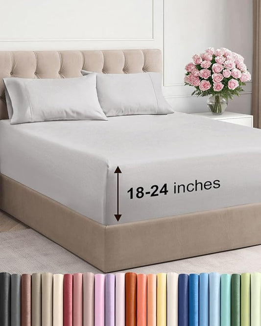 Extra Deep Pocket King Sheets - 4 Piece Breathable & Cooling Bed Sheets - Hotel Luxury Bed Sheet Set - Soft, Wrinkle Free & Comfy - Easily Fits Extra Deep Mattresses - Deep Pocket French Grey Sheets