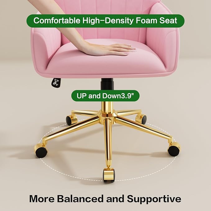 Pink Velvet Desk Chair with Pillow, Upholstered Home Office Desk Chair Makeup Vanity Chair with Swivel Wheels, Ergonomic Office Chair Computer Task Chair for Living Room, Bedroom