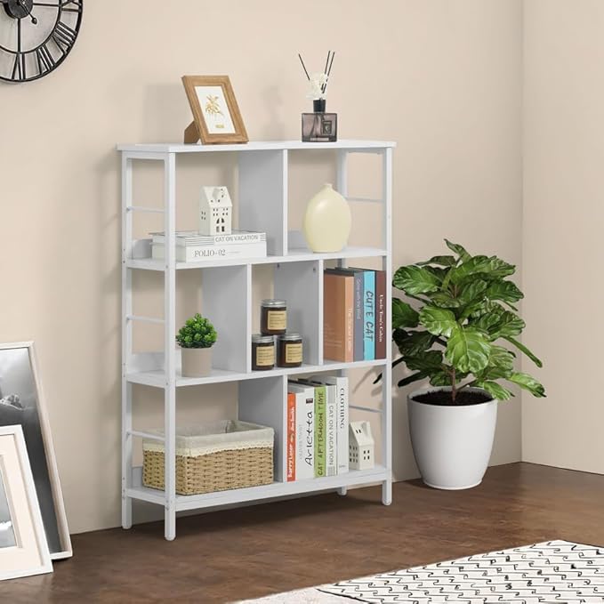 CAPHAUS 7 Cube Storage Organizer, 32” Wide 3 Tier White Industrial Open Shelf Bookcase, Display Shelf, Horizontal Bookshelf with Metal Frame, Wooden Board, for Living Room, Bedroom, Office