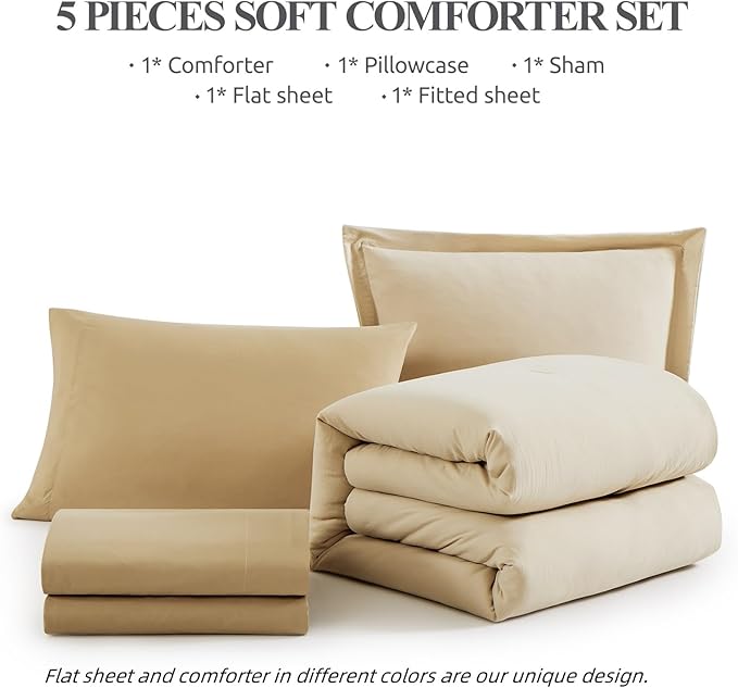 WRENSONGE Twin Comforter Set- 5 Pieces Beige, All Season Twin XL Bedding Sets with 1 Fitted Sheet, 1 Flat Sheet, 1 Pillow Sham and 1 Pillowcase