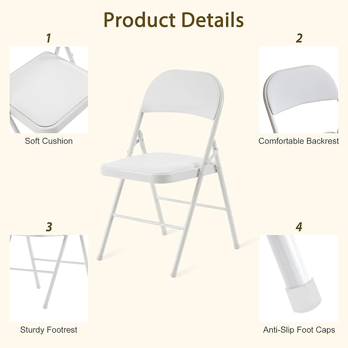 4 Pack White Folding Chairs with Padded Cushion and Back, Portable Heavy Duty Metal Frame Commercial Seat, Foldable Indoor Outdoor Chairs with 330-LBS Capacity for Office Party Events Kitchen Wedding