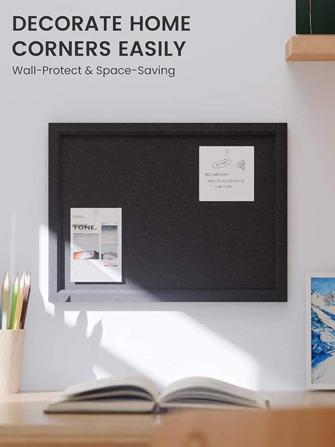 Felt Cork Board Alternative, Felt Bulletin Board 16" x 12" Black Frame with 8 Adhesive Tabs, Pin Board for Home Office, Classroom, Entryway, Kitchen Wall Decor—Black