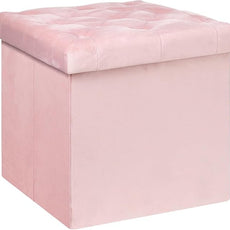 B FSOBEIIALEO Storage Ottoman Cube, Velvet Tufted Folding Ottomans with Lid, Footstool Rest Padded Seat for Bedroom (Pink, Medium)