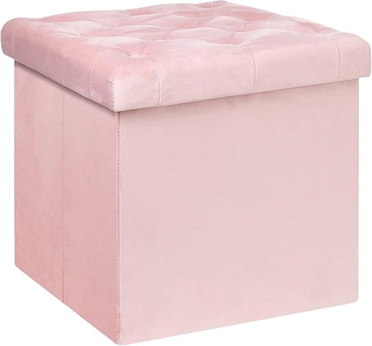 B FSOBEIIALEO Storage Ottoman Cube, Velvet Tufted Folding Ottomans with Lid, Footstool Rest Padded Seat for Bedroom (Pink, Medium)