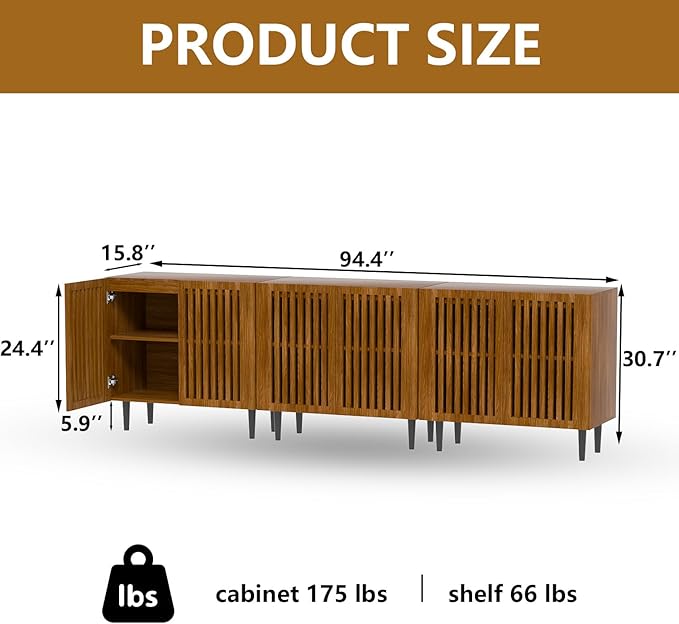 CHUWELL Storage Cabinet Set of 3, 94.5" Buffet Cabinet with 6 Doors and Adjustable Shelf, Sideboard Coffee Bar with Solid Wood Feet for Kitchen,Dining Room,Living Room,Brown