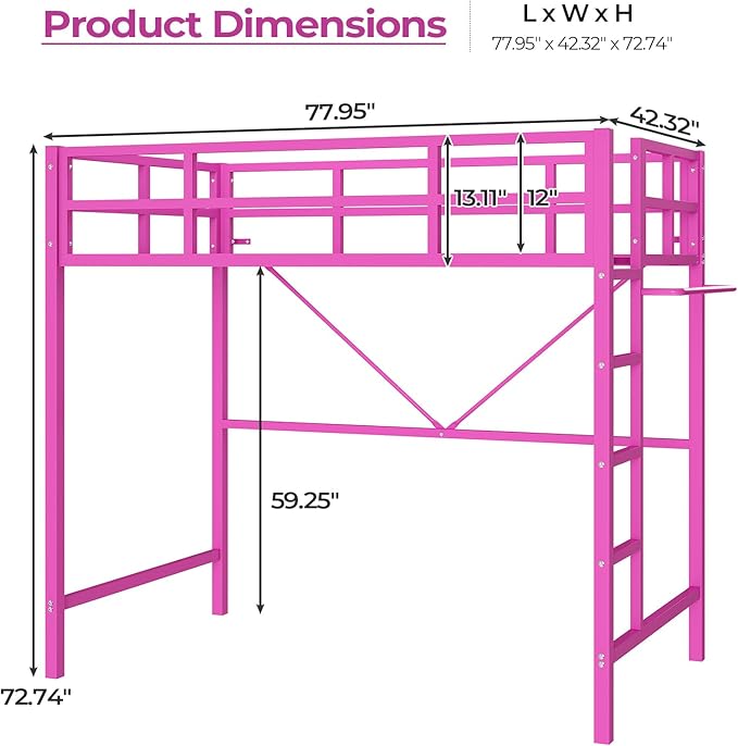 DICTAC Loft Bed Twin Size with Ladder and Guardrail,Metal Twin Loft Bed with Led Lights,Pink Loft Bed for Girls,Small Space Saving Design for Bedroom,Kid Room and Dorm,No Box Spring Needed, Pink