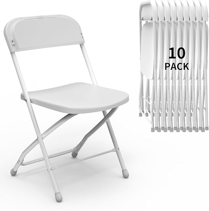 SHGJ&SOFT Set of 10 Folding Chairs, Plastic Seat and Backrest, Black Metal Frame Chair, Suitable for Indoor and Outdoor,Capacity 350 lbs (White, 10-Pack)