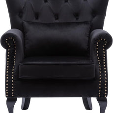 Mid Century Accent Chair Modern Button Tufted Armchair Club Chair Velvet Wingback Single Sofa Lounge Chair with Pillow for Living Room Bedroom, Black