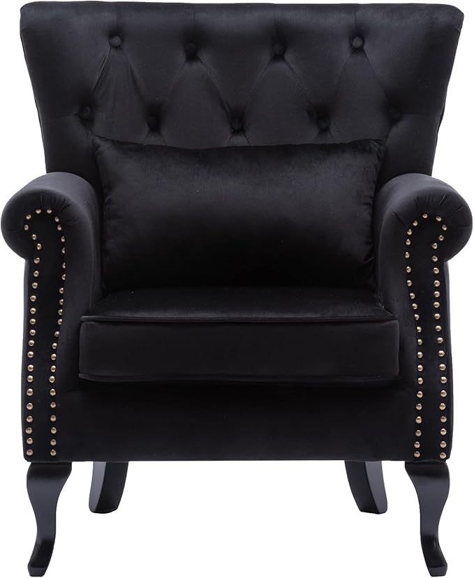 Mid Century Accent Chair Modern Button Tufted Armchair Club Chair Velvet Wingback Single Sofa Lounge Chair with Pillow for Living Room Bedroom, Black