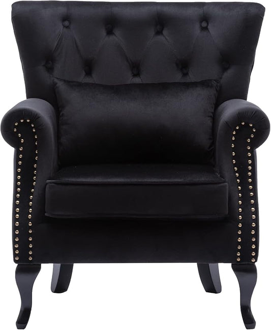 Mid Century Accent Chair Modern Button Tufted Armchair Club Chair Velvet Wingback Single Sofa Lounge Chair with Pillow for Living Room Bedroom, Black