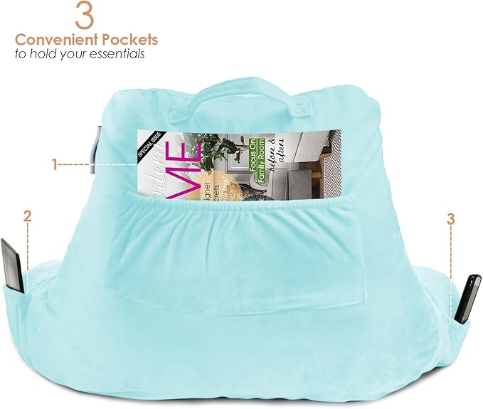 Nestl Reading Pillow with Shredded Memory Foam, Designed for Sitting Up in Bed and Couch, Back and Arms Adjustable Support for Adult & Teens Backrest Pillows for Reading with Washable Cover Light Blue