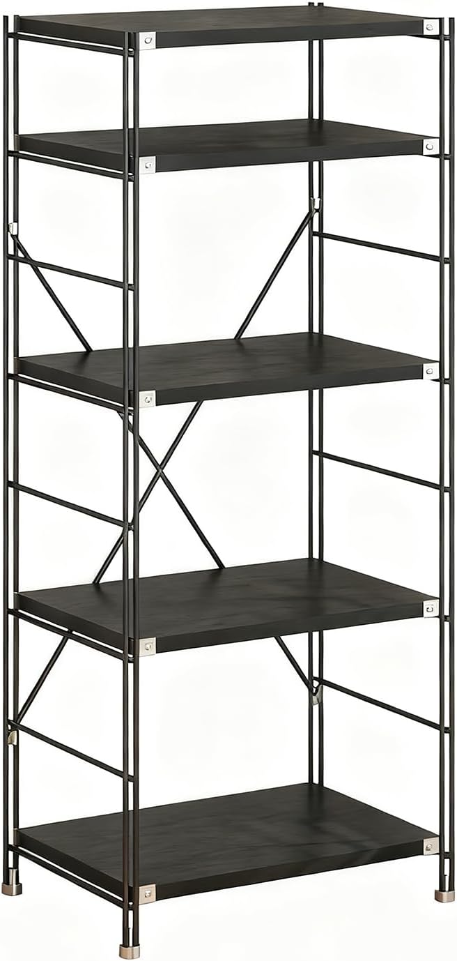 5 Tier Bookshelf, Book Shelf 67/59Inch, Tall Bookcase, Industrial Bookshelves, w/Metal X-shaped support, Adjustable Shelves, Metal Fram, for Living Room,kitchen (Black, H 59.06×W27.56×L 11.81 IN)