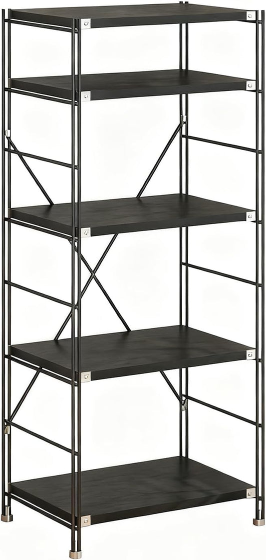 5 Tier Bookshelf, Book Shelf 67/59Inch, Tall Bookcase, Industrial Bookshelves, w/Metal X-shaped support, Adjustable Shelves, Metal Fram, for Living Room,kitchen (Black, H 59.06×W27.56×L 11.81 IN)