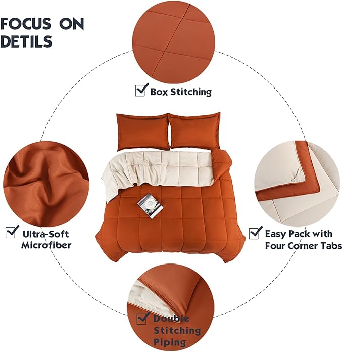 HIG 3pc Burnt Orange Twin/Twin XL Comforter Set - All Season Reversible Down Alternative Comforter with Sham - Quilted Duvet Insert with Corner Tabs - Box Stitched - Breathable, Soft, Fluffy