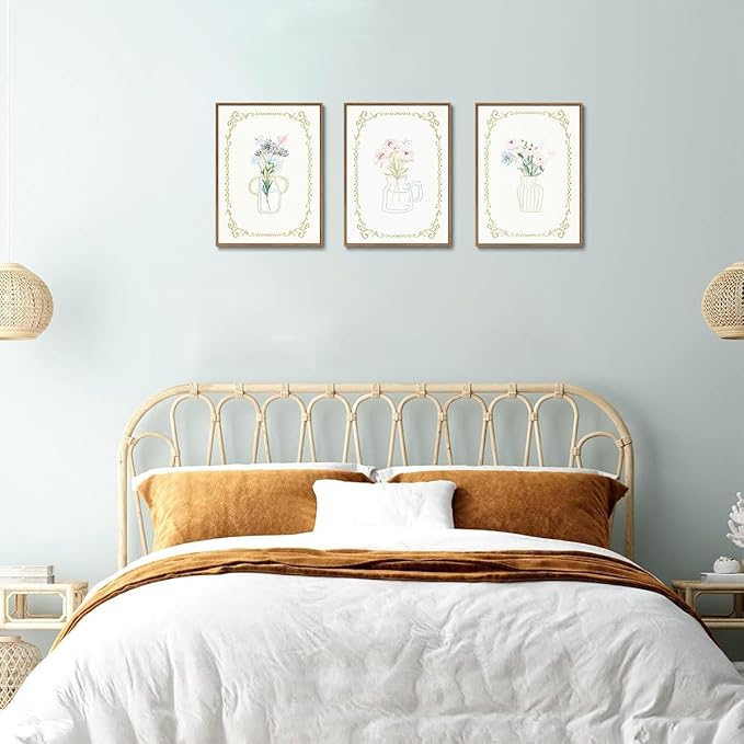 KISSFOX 3 Piece Floral Framed Wall Art Flower Pictures Wall Decor Wildflowers Canvas Wall Art Green Boho Botanical Paintings for Girly Room Bedroom Apartment Dorm Living Room