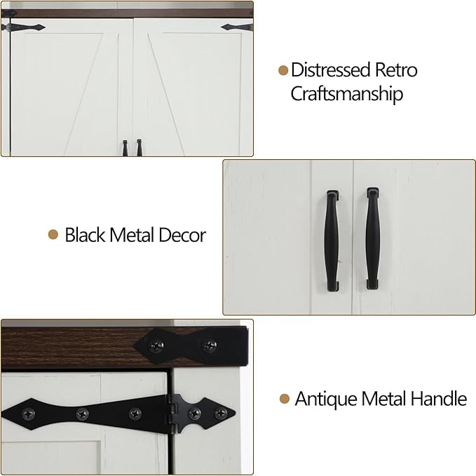 71" Tall Kitchen Pantry,Farmhouse Storage Cabinet with Adjustable Shelves,Load-Bearing Steel Pipe,Farmhouse Pantry Cabinet with 4 Barn Doors,for Kitchen,Dining Room,Living Room(Rustic White)