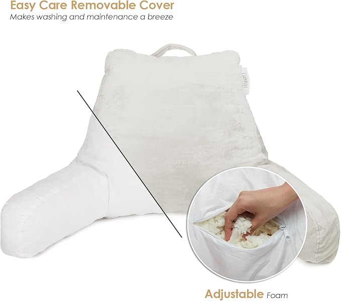 Nestl Reading Pillow with Shredded Memory Foam, Designed for Sitting Up in Bed and Couch, Back and Arms Adjustable Support for Adult & Teens Backrest Pillows for Reading, with Washable Cover White