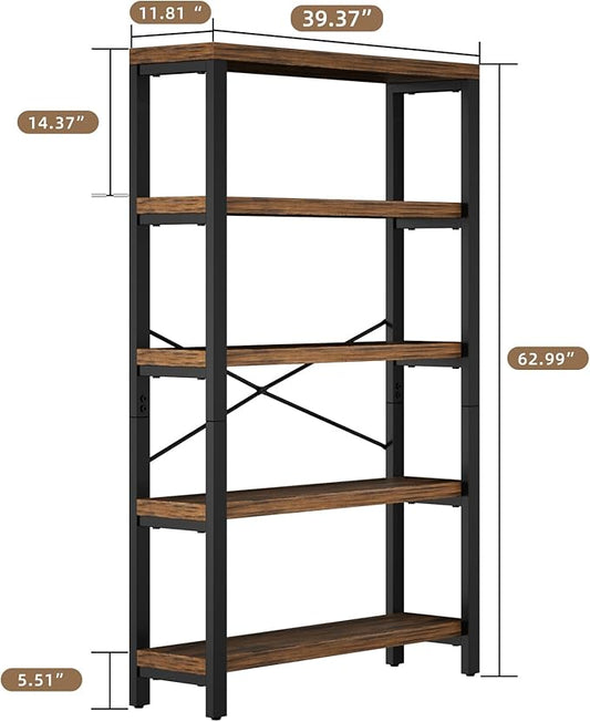 5-Tier 39.37" Wide Heavy Duty Bookshelf, Industrial Wood and Metal Bookshelf, Vintage Bookcase with Lock Wall Design, Living Room Shelf, Rustic Brown