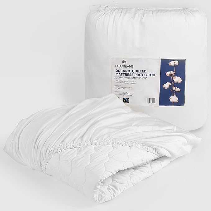 FABDREAMS Organic Quilted Mattress Protector | Mattress Pad| Queen Mattress Cover| Naturally Breathable | Noiseless| Fits up to 17" Deep Pocket| Temperature Regulating | Queen | White