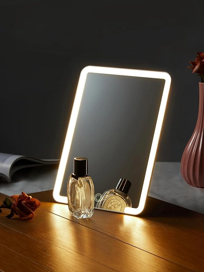 OMIRO Travel Makeup Mirror with Light, 10 x 7 inch Lighted Desk Mirror with Adjustable Stand and 3 Lighting Modes for Shaving and Travelling, White