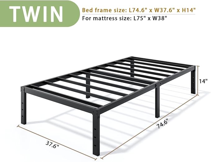 Metal Bed Frame Twin Size - 14 Inch Heavy-Duty Twin Platform Bed Frame No Box Spring Needed, Easy Assembly, Noise-Free, Sturdy Mattress Foundation, Underbed Storage Space
