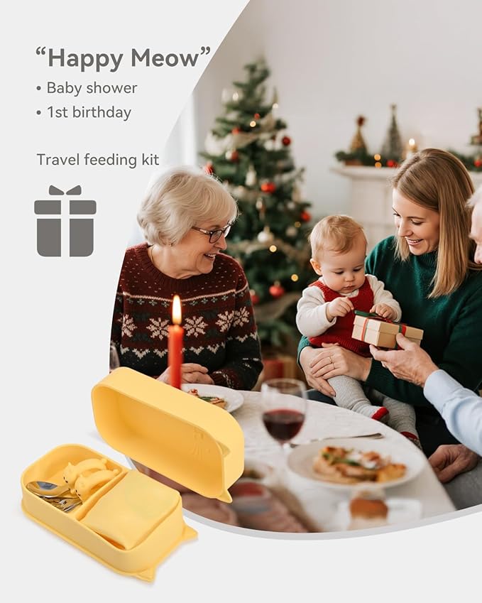 Portable Baby Plates with Suction, 6Pcs Travel Silicone Feeding Set for Toddlers, Foldable, Non-Slip Dishwasher Safe Plates & Utensils, BPA Free, Cat Design Gift Ready(Pale Yellow)