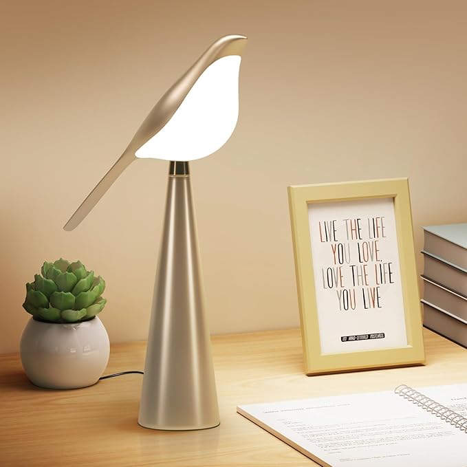 Small Desk Lamp, Bird Lamp, 10 Level Dimmable Brightness Bedside Night Light, Bedroom Table Lamp for Dorm, Office, Gifts, Reading, 3 Colors, Metal Finish, Gold, 360° Rotation