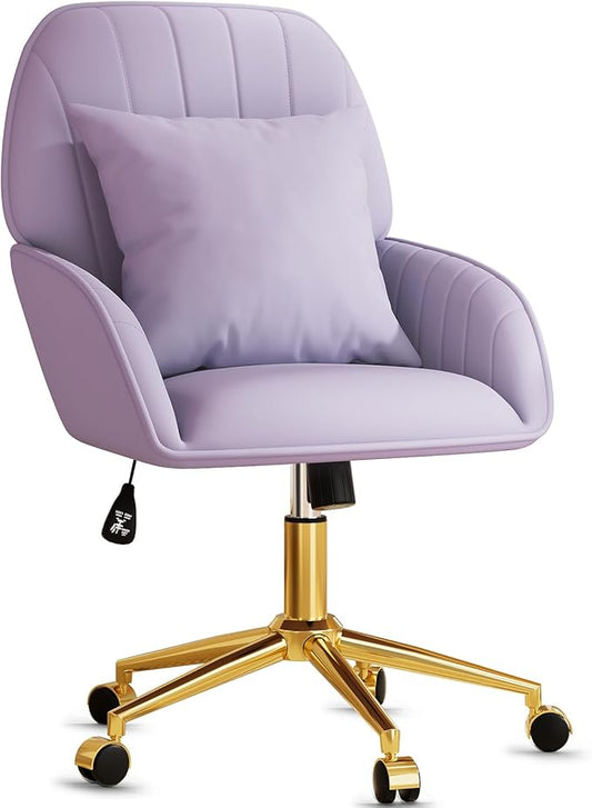 Home Office Desk Chair Comfy with Adjustable Swivel Wheels, Modern Velvet Makeup Vanity Chair with Back & Pillow, Ergonomic Office Chair Computer Task Chair for Living Room, Bedroom, Purple