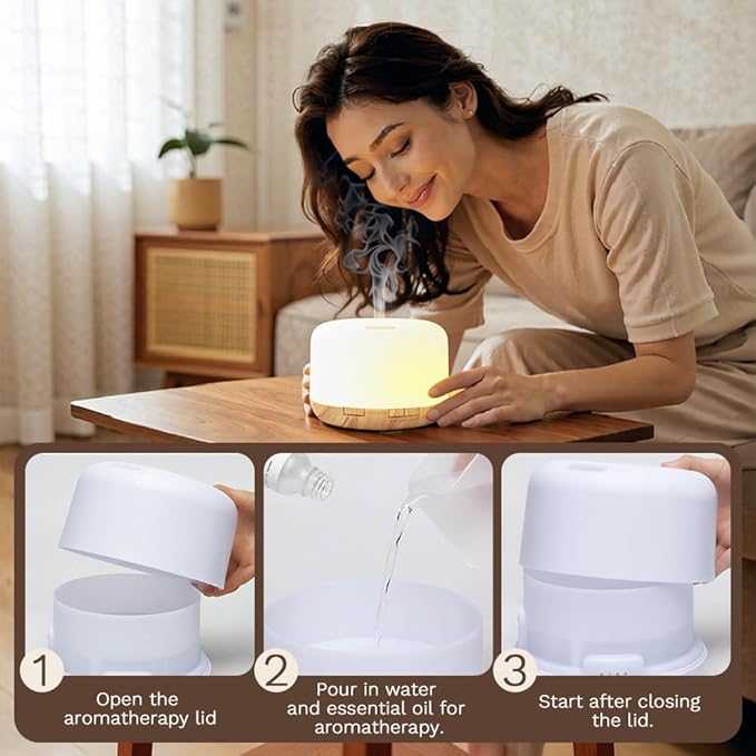 500ml Premium Essential Oil Diffuser,Quiet 4-in-1 Ultrasonic Aromatherapy Humidifier,7 Color LED Lights,with Adjustable Automatic Timer Off Function and Spray Mode. (Light Woodgrain, Basic Edition)
