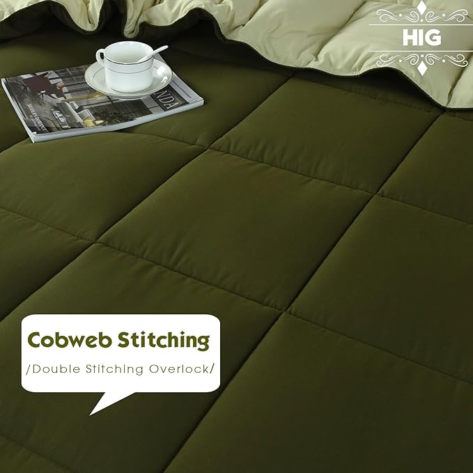 HIG 3pc Olive Green Twin/Twin XL Comforter Set - All Season Reversible Down Alternative Comforter with Sham - Quilted Duvet Insert with Corner Tabs - Box Stitched - Breathable, Soft, Fluffy