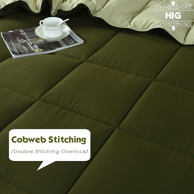 HIG 3pc Olive Green King Size Comforter Set - All Season Reversible Down Alternative Comforter with Two Shams - Quilted Duvet Insert with Corner Tabs - Box Stitched - Breathable, Soft, Fluffy