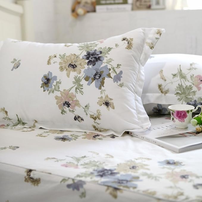 FADFAY Floral Bed Sheet Set 100% Cotton 4 Piece Shabby Style Bedding Set (Queen, White Floral)