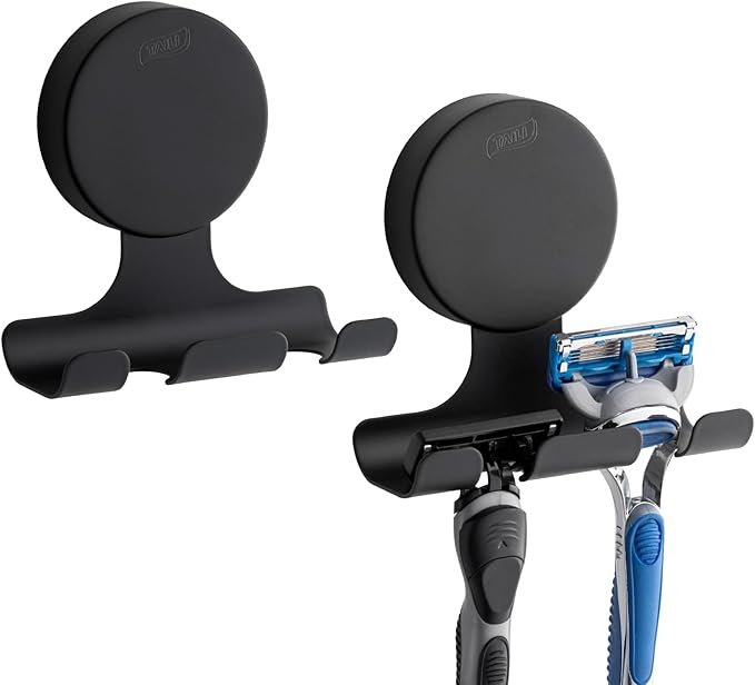 TAILI 2 Pack Powerful Suction Cup Razor Holder, 304 Stainless Steel Bathroom Suction Hooks for Towel, Loofah, Bathrobe, Stylish Shaver Holder for Shower Wall, Easy to Install and Reuse, Black