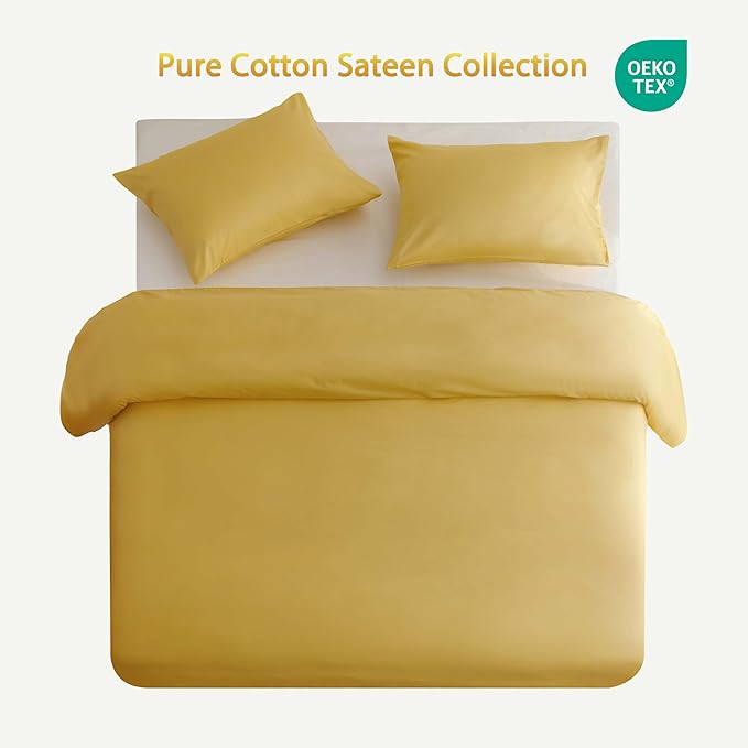 HeimenAogo Egyptian Cotton Duvet Cover Twin/Twin XL Sateen Weave, Silky Soft and Breathable Bedding Set with Zipper Closure, Long Staple Cotton Bed Linen Yellow 2Pcs