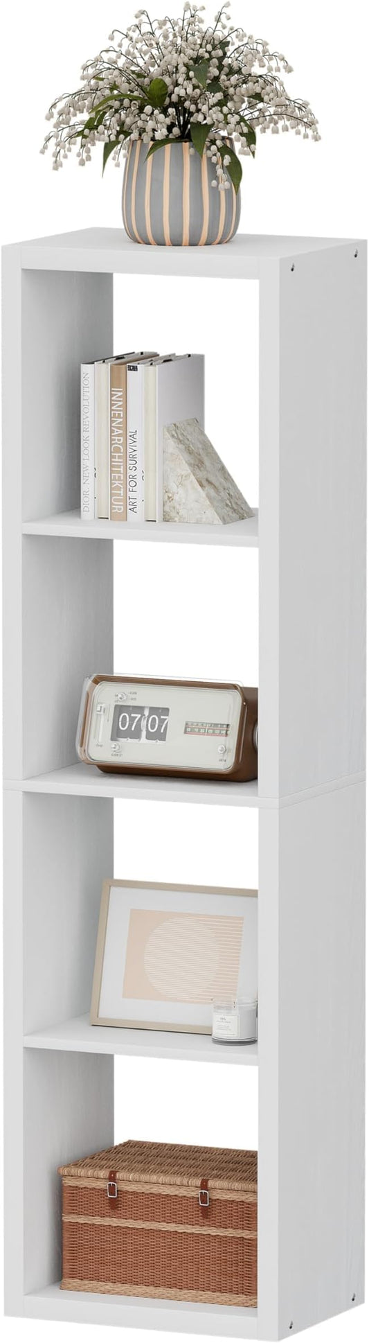 4 Cube Storage Organizer Single Row, Cube Shelf with Heavy-Duty Thick Boards, 13.31" L x 9.37" W x 48.82" H, Smooth Easy-Clean Panels, Simple Assembly, for Living Room Bedroom Office, White