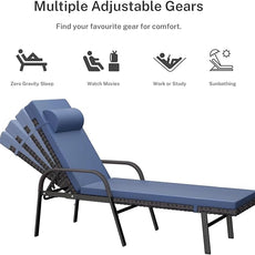 Patio Chaise Lounge Set 3 Pieces Pool Lounge Chairs,Cushioned Outdoor Folding Lounge Chair w/Arm and Rattan Adjustable Backrest for Poolside Porch,Folding Table Included,NavyBlue