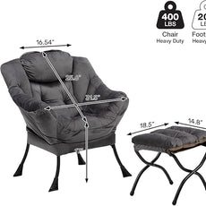 HollyHOME Lazy Chair with Foldable Ottoman, Accent Comfy Lounge Armchair and Folding Footrest Stool, Leisure Sofa Reading Chair and Footstool for Living Room, Bedroom, Dorm,Velvet Smoky Grey