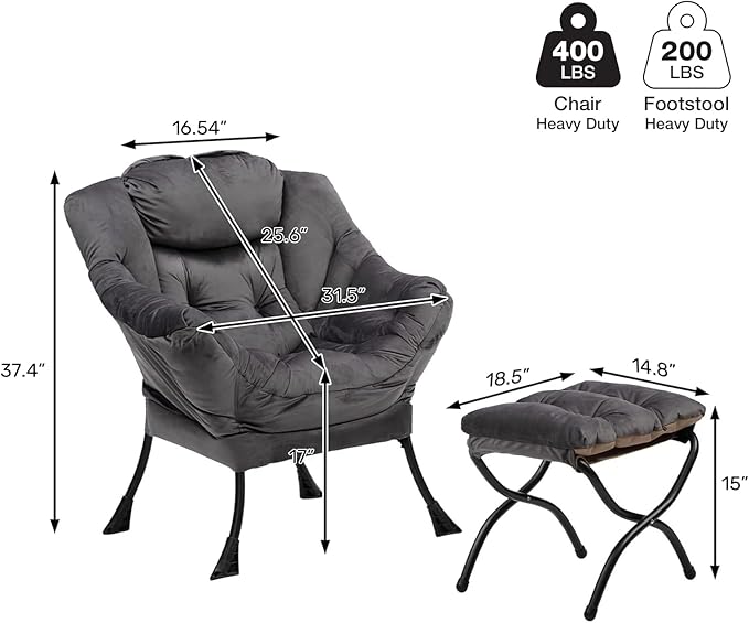 HollyHOME Lazy Chair with Foldable Ottoman, Accent Comfy Lounge Armchair and Folding Footrest Stool, Leisure Sofa Reading Chair and Footstool for Living Room, Bedroom, Dorm,Velvet Smoky Grey