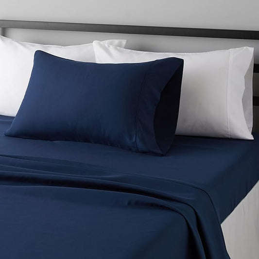 Amazon Basics Lightweight Super Soft Easy Care Wrinkle Free Microfiber 3 Piece Bed Sheet Set with 14-Inch Deep Pockets, Twin, Navy Blue, Solid, Kids, Men & Women Bedding AmazonBasics