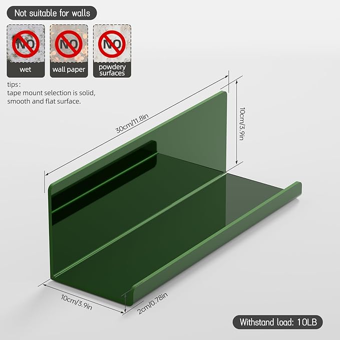 Adhesive Floating Shelves for Wall No Drilling, 12 Inch Acrylic Self Adhesive Shelves, Stick on Shelves, Dorm Wall Shelf, for Bathroom, Kitchen, Bedroom, Office, Gaming Room, Green