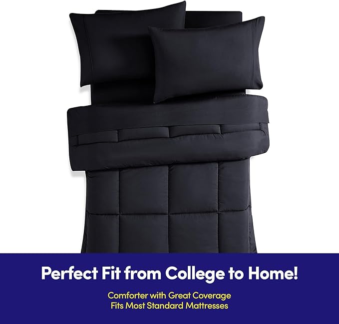 Dorm Room Essentials College Bedding Comforter Set 5 Piece Twin Size Bed in a Bag for College Students Boys and Girls, Twin, Black