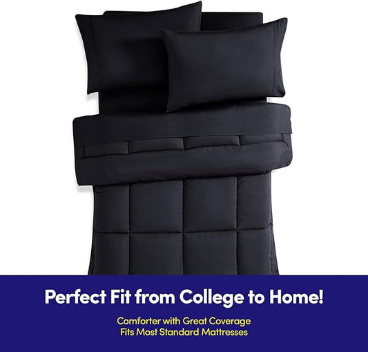 Dorm Room Essentials College Bedding Comforter Set 5 Piece Twin Size Bed in a Bag for College Students Boys and Girls, Twin, Black