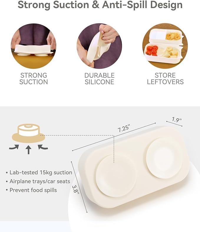 Baby Suction Plates for Toddlers, 6Pcs Travel Silicone Feeding Set for Toddlers/Kids, Foldable, Non-Slip Dishwasher Safe Plates & Utensils, BPA Free, Cat Design Gift Ready (Beige)