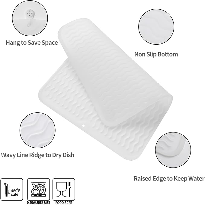 Silicone Dish Drying Mat for Multiple Usage,Easy clean,Eco-friendly,Heat-resistant Silicone Mat for Kitchen Counter or Sink,Refrigerator or drawer liner Translucent L 16 inches x 12 inches