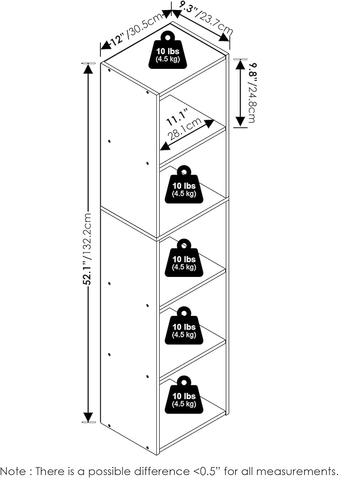 Furinno PASIR Book Shelf, 5-Tier Modern Bookshelf, Open Shelves Bookcase 9 x 12 x 52, for Living Room, Bedroom, Home Office, French Oak