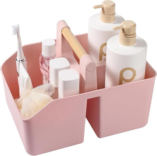 rejomiik Portable Shower Caddy Basket with Bamboo Handle, Plastic Cleaning Caddy Bathroom Organizer Tote for College Dorm Essentials, Bath Toy Storage, Pink