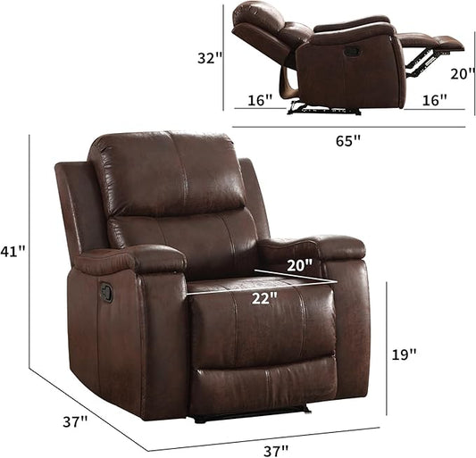 CANMOV Leather Recliner Chair, Classic and Traditional Manual Recliner Chair with Overstuffed Arms and Back, Manual Single Sofa with Concealed Cup Holders,Red Brown