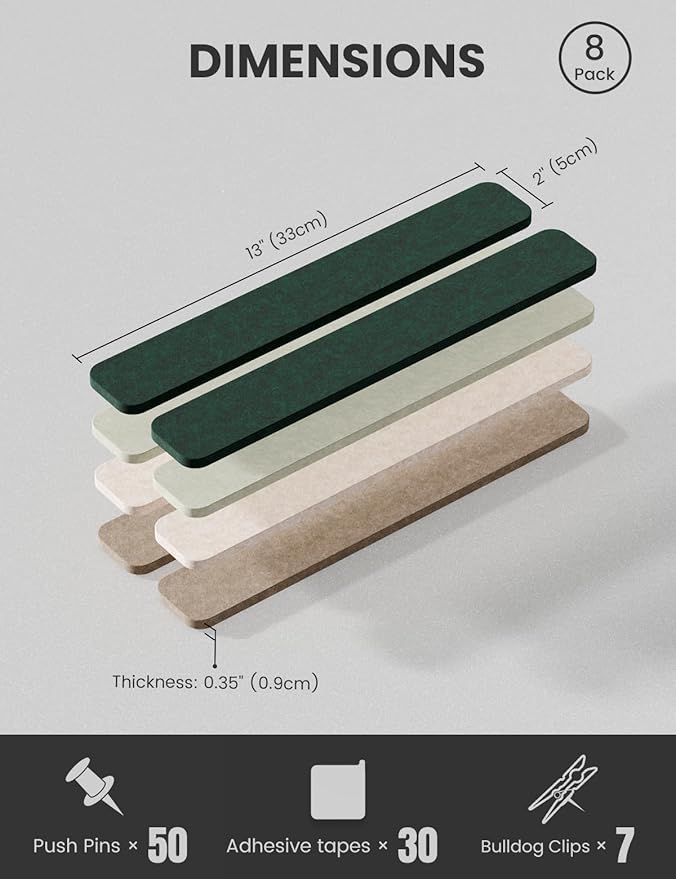Cork Board Alternative Felt Strip Board 8-Pack 13"x2", Office Pin Board with 50 Push Pins, Adhesive Install for Bedroom Door & Home Office(Nordic Moss)